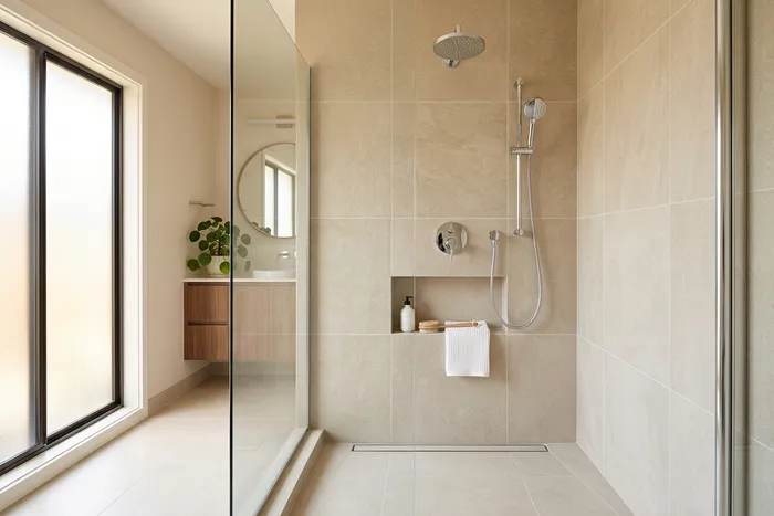 Tiled walk-in shower with a glass panel