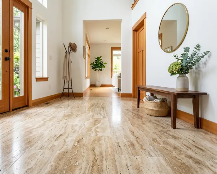 Travertine stone floor in an entryway