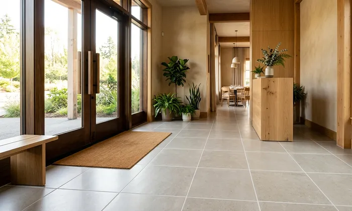 Restaurant entrance with a tile floor