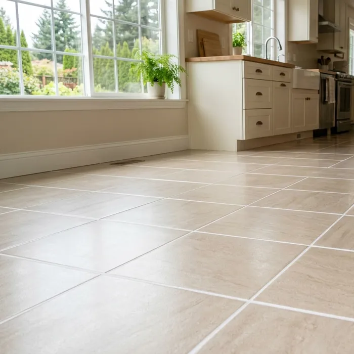 Porcelain tile kitchen floor with bright grout lines