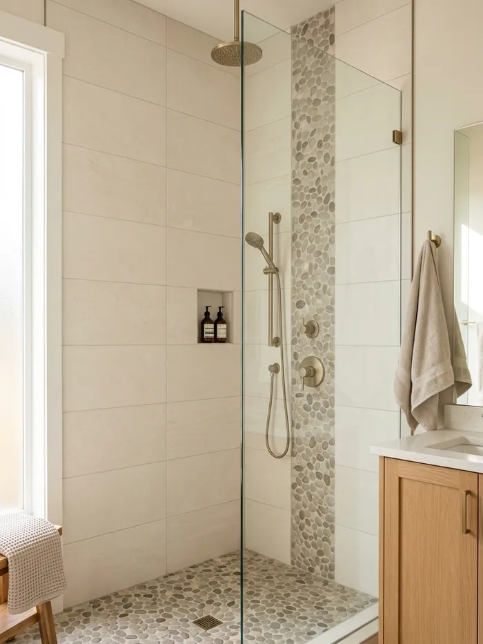 Tall tiled shower with a pebble stone floor