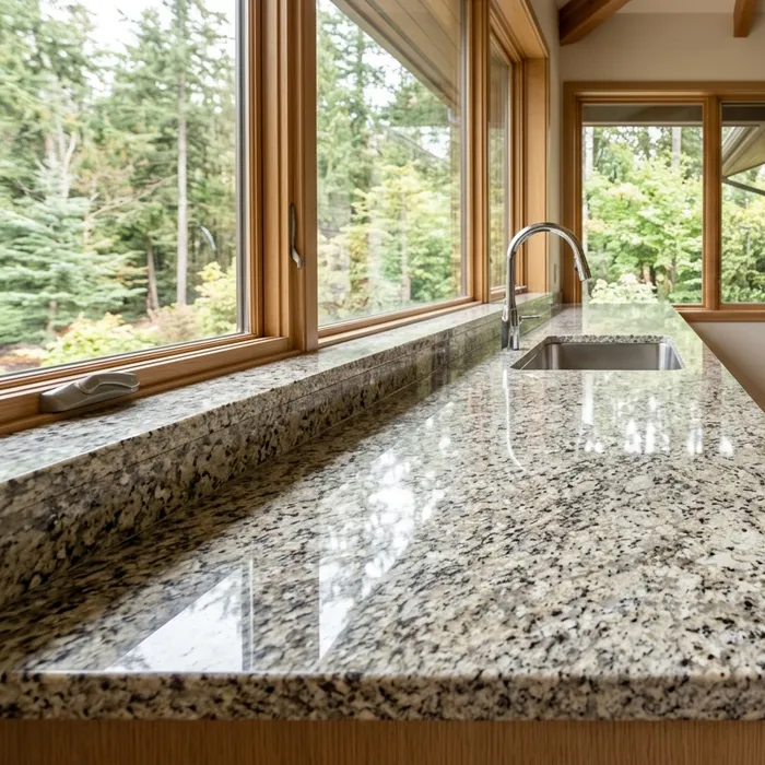 Granite countertop by a window