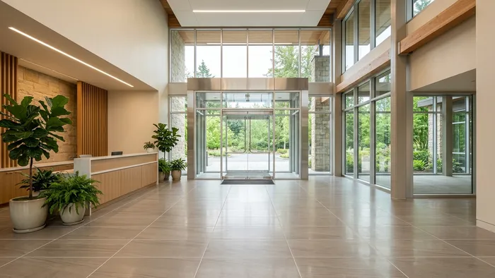 Commercial lobby with a large-format tile floor