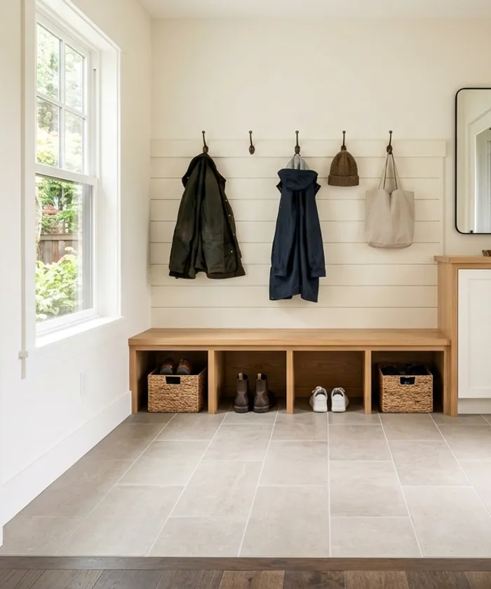 Mudroom with a porcelain tile floor