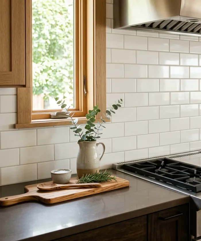 White subway tile backsplash with clean grout