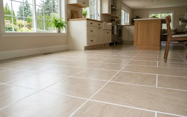 Clean porcelain tile kitchen floor with bright, even grout lines