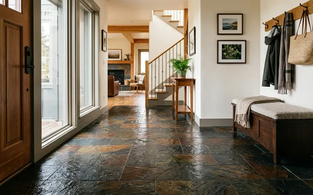 Multicolor slate tile entryway floor with a rich, clean finish