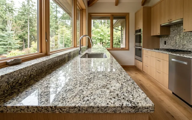 Polished speckled granite kitchen countertop by a window