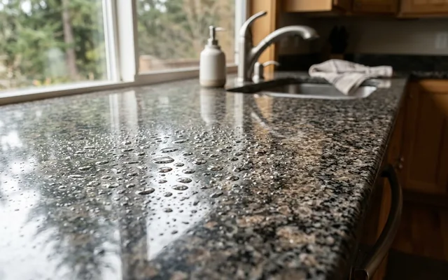 Granite countertop with water droplets beading on the sealed surface