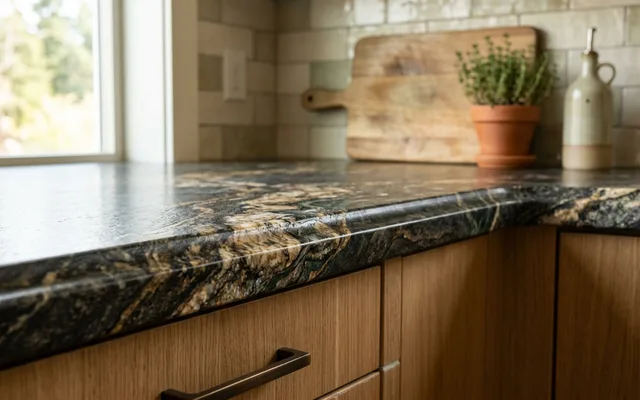 Natural stone countertop edge with rich color and veining
