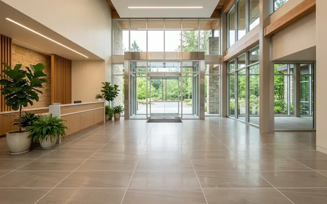 Clean commercial lobby with a large-format tile floor