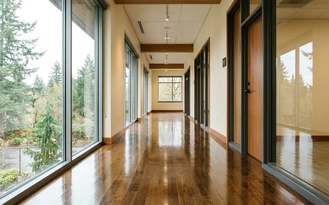 Polished hard floor in an empty office corridor
