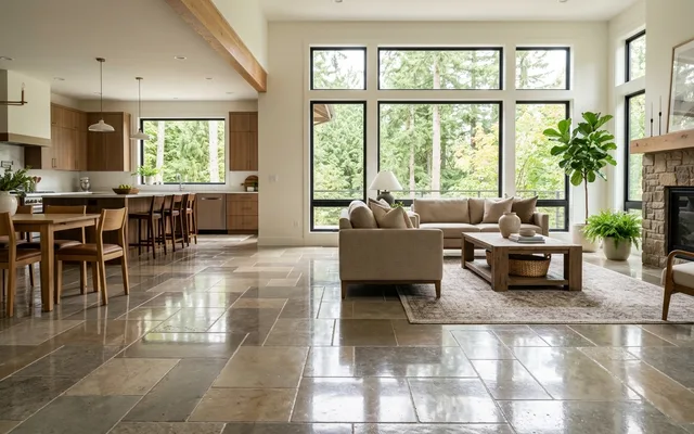 Glossy restored stone tile floor in a bright living area