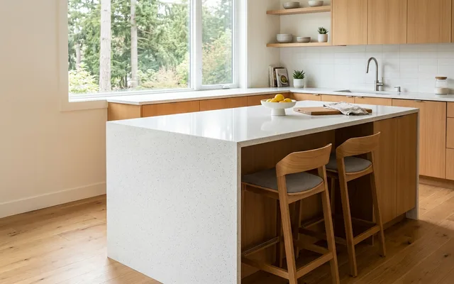 White quartz kitchen countertop with a fine, even pattern