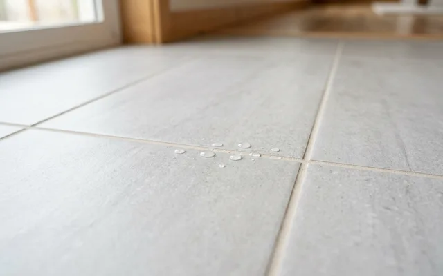 Close-up of light gray tile with sealed grout lines and water beading