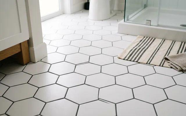 White hexagon bathroom floor tile with new dark grout lines