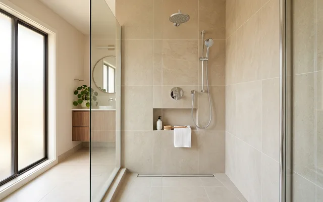 Clean walk-in tiled shower with large beige tile and chrome fixtures