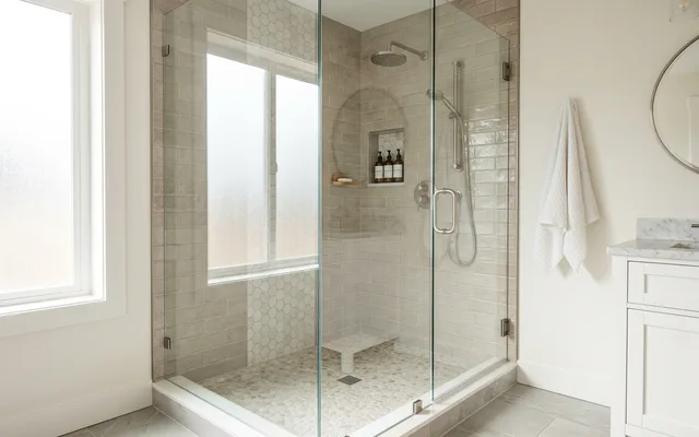 Clear frameless glass shower door with no water spots