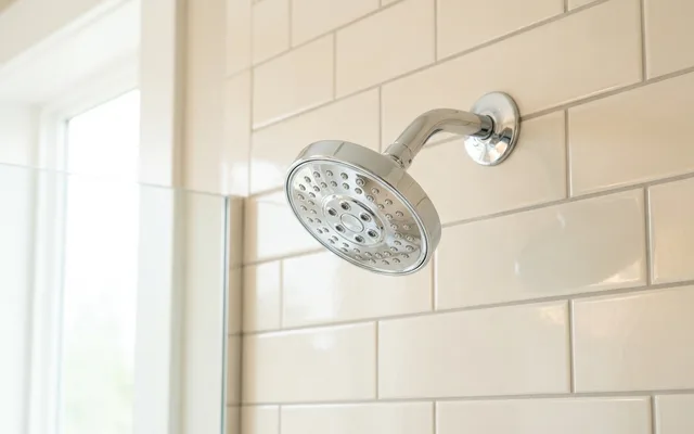 Clean chrome shower head on a white tiled wall