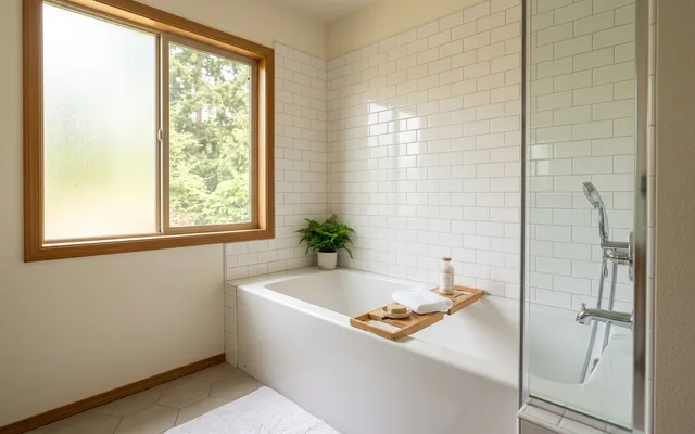 Glossy white tub and tiled shower surround in daylight