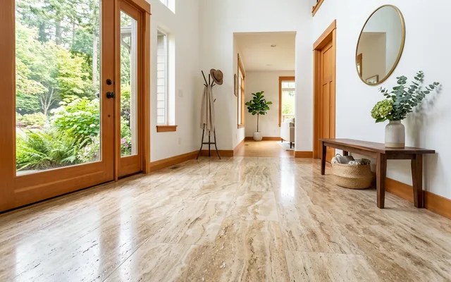 Polished travertine stone floor in a bright entryway