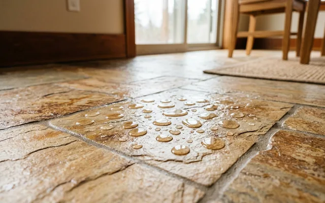 Sealed natural stone floor with water beading on the surface
